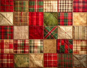 A festive patchwork quilt with red, green, and beige fabric squares evoking a cozy, traditional...