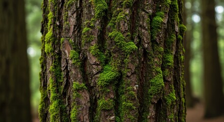 Obraz premium Close-up of Vibrant Green Moss on a Textured Tree Trunk in a Forest 