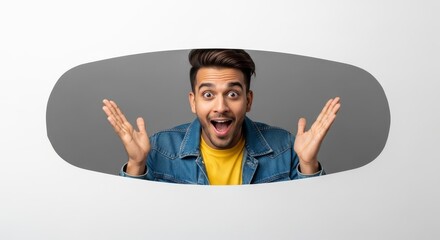Man with surprised expression wearing denim jacket and yellow shirt peeking through a cutout shape