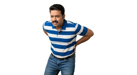 Man with mustache holding his lower back in pain wearing blue and white striped polo shirt jeans