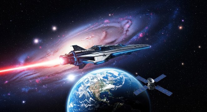 Futuristic spaceship firing a laser beam near Earth and a satellite in outer space