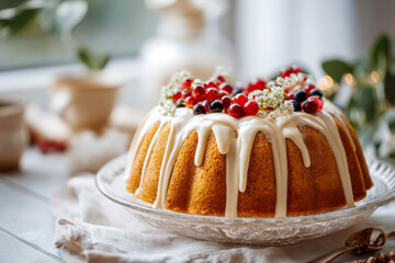 Delicious cake decorated with fresh berries on a table next to a window in a cozy kitchen