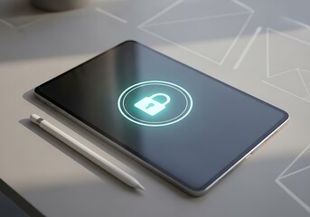 Tablet displaying a glowing padlock icon digital security concept for personal data protection isolated on a neutral background tr