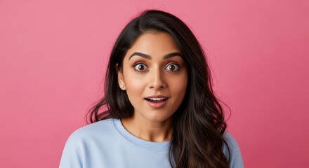 Portrait of a surprised woman with open mouth and wide eyes against a pink background studio shot