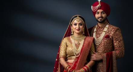 Portrait of a traditionally dressed indian couple in wedding attire against a dark background