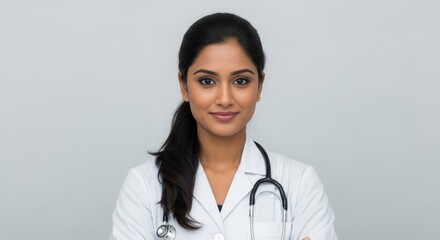 Portrait of a young female doctor in a white coat with a stethoscope around her neck smiling gently