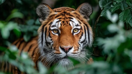 Obraz premium a striking close-up of a sumatran tiger peering intently through lush green foliage, capturing the intensity of its golden gaze and intricate striped pattern.