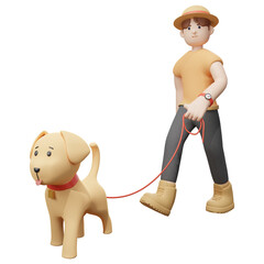 A young man is happily walking his dog, isolated on a white background  - 3D render
