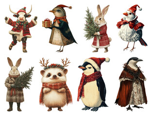 PNG Festive animals in winter attire, element set on transparent background