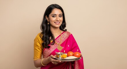 Smiling woman in traditional saree holding a puja thali with offerings against a plain background