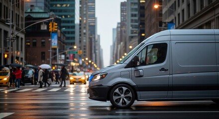 Obraz premium Medium shot of an electric delivery van in sharp focus, cruising through a bustling city with blurred pedestrians and urban buildings. Ideal for eco-friendly urban logistics.