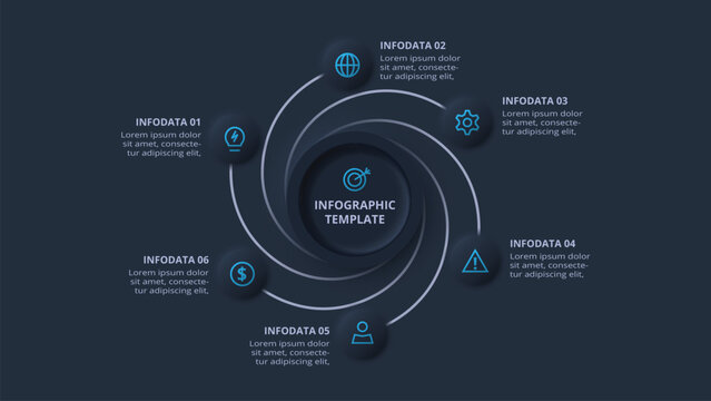Neumorphic flowchart dark iinfographic. Creative concept for infographic with 6 steps or processes.