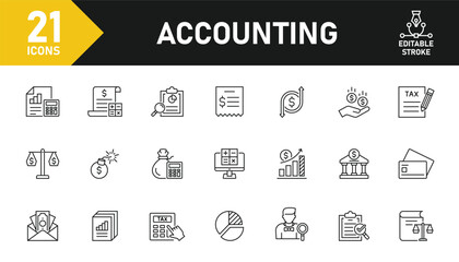Accounting line icon set. Set of 21 outline icons related to accounting, calculation, tax, income, balance, invoice, payment, taxes and others. Editable stroke. Vector illustration.