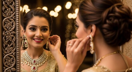 Woman adjusting earring in ornate mirror with necklace and updo hairstyle in soft light setting