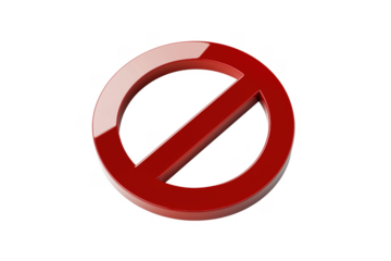 Glossy red prohibition symbol isolated against a transparent background illustrating restriction and denial