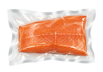 Fresh salmon fillet in vacuum sealed packaging on transparent background