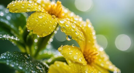 Beautiful yellow flower covered in fresh water droplets after rain