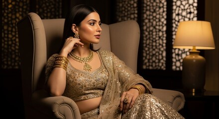 Woman in gold dress and jewelry seated in a chair looking to the side in a dimly lit room