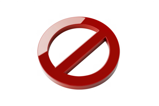 Glossy red prohibition symbol isolated against a transparent background illustrating restriction and denial