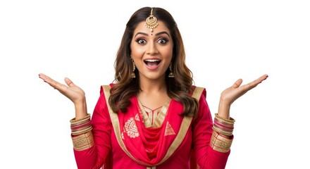 Woman in red salwar kameez with surprised expression and hands up on a white background studio shot