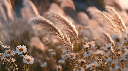 a sun-drenched field of delicate white wildflowers and feathery grass plumes glows with warm golden light during the late afternoon.