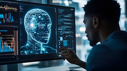 A person works with a digital human face model on a computer screen, analyzing data and technology.