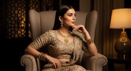 Woman in traditional indian clothing with gold jewelry sitting in an armchair indoors looking away