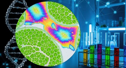 Microscopic view of cells and dna helix in laboratory setting
