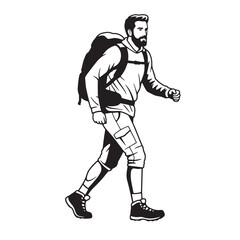 Bearded man hiker with backpack walking illustration