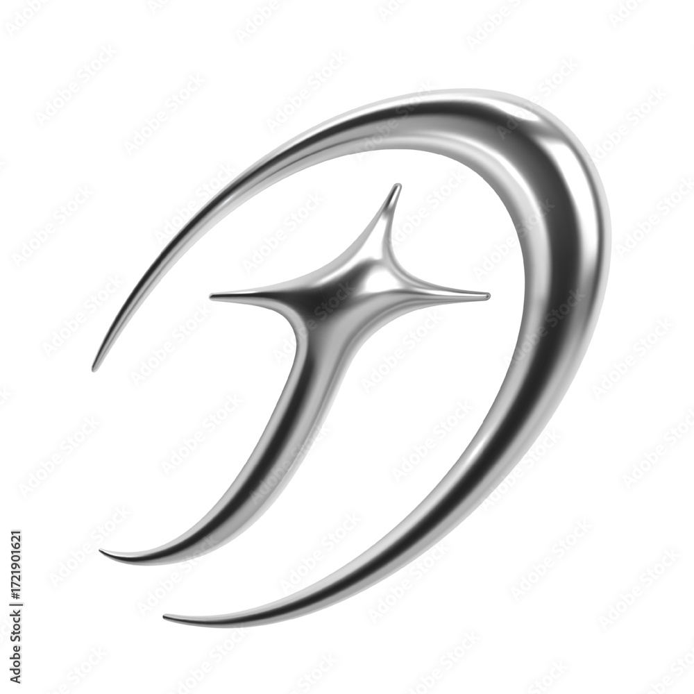 Poster y2k chrome 3d symbol with metallic curve and star core