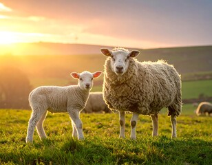 Fototapeta premium Sheep and lamb in a grassy field at sunset