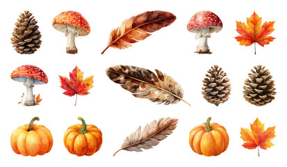 PNG Autumn nature elements illustration, element set on transparent background