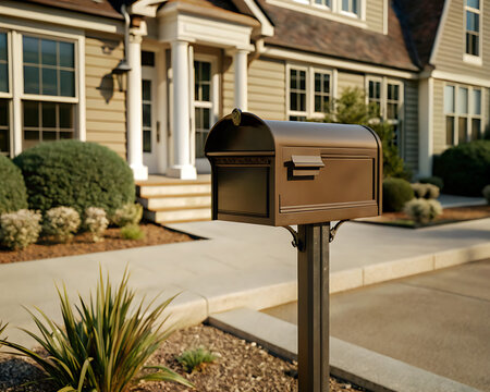Brown metallic mailbox in front of suburban house garden 