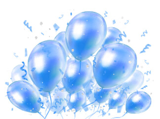 Blue glossy balloons and confetti on transparent background. Banner for birthday, holiday, celebration, sale, opening event