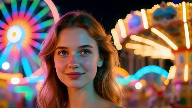 Joven  en un parque de diversiones por la noche