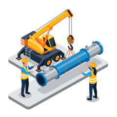 Isometric Vector Illustration of Construction Workers Installing Pipeline with Mobile Crane – Industrial Engineering and Infrastructure Concept
