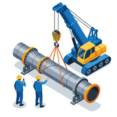 Isometric Vector Illustration of Engineers Supervising Pipeline Installation with Heavy Duty Crawler Crane – Industrial Construction and Engineering Concept