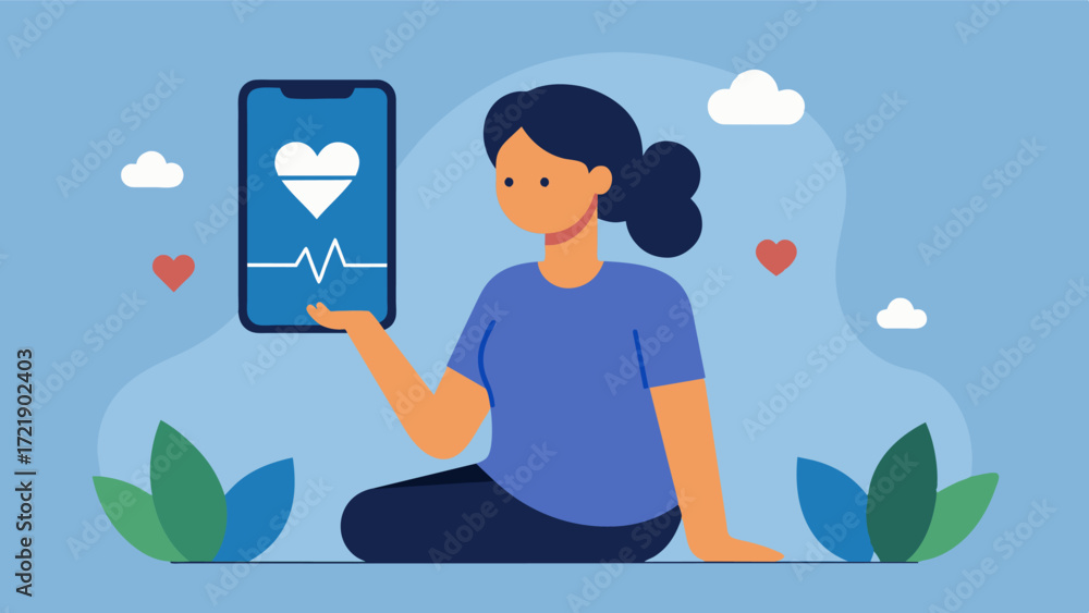 Poster a person using a cognitive therapy app for guided breathing exercises with a heart rate monitor on t