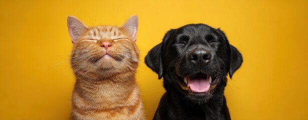 The joyful cat and dog sharing a moment of happiness on a yellow background.