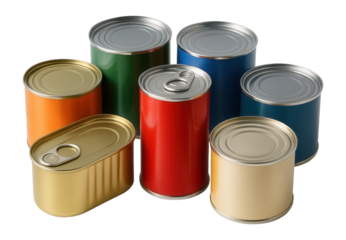Assorted sealed metal cans with various food labels.