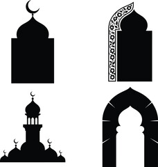 Collection of islamic architectural elements including domes minarets and arched doorways in a black silhouette