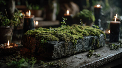 Moss-covered stone on a wooden table surrounded by flickering candles in a dimly lit room at night