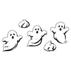 Hand drawn cartoon ghosts and meringue kisses on white background Keywords: ghost, halloween