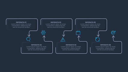 Neumorphic flowchart dark iinfographic. Creative concept for infographic with 6 steps or processes.