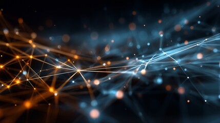 a vibrant abstract network of glowing orange and teal particles connected by thin white lines against a dark background creates a dynamic and futuristic visual effect.