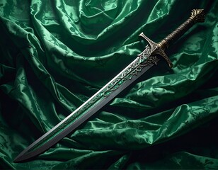 Ornate sword on emerald green fabric