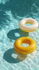 Obraz premium Bright yellow and white pool floats rest on shimmering water under sunlight in a tranquil setting