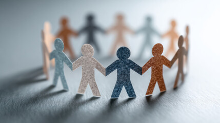 Paper cutouts of people holding hands in a circle symbolize unity and community support among diverse groups