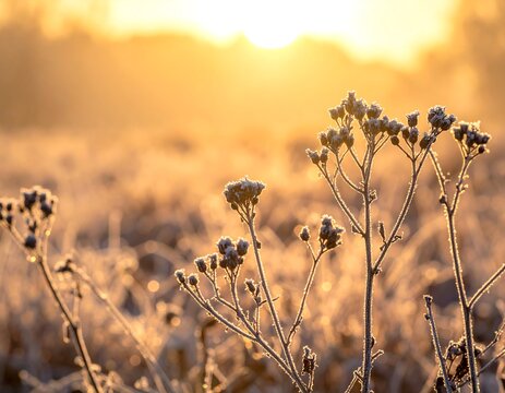 Golden sunrise frost on plants