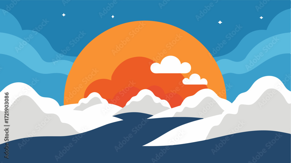 Poster A sunset over a snowcovered landscape with the icy terrain symbolizing the difficulty in navigating through cognitive decline.. Vector illustration